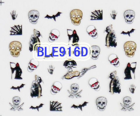 Halloween Glitter Bats Skull Grim Reaper Spider Webs 3D Nail Art Stickers Decals
