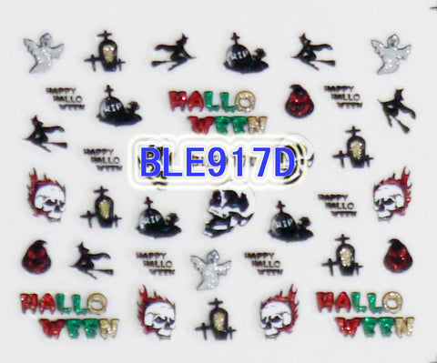 Halloween Glitter Grave Ghost Witch Broom Skull 3D Nail Art Stickers Decals