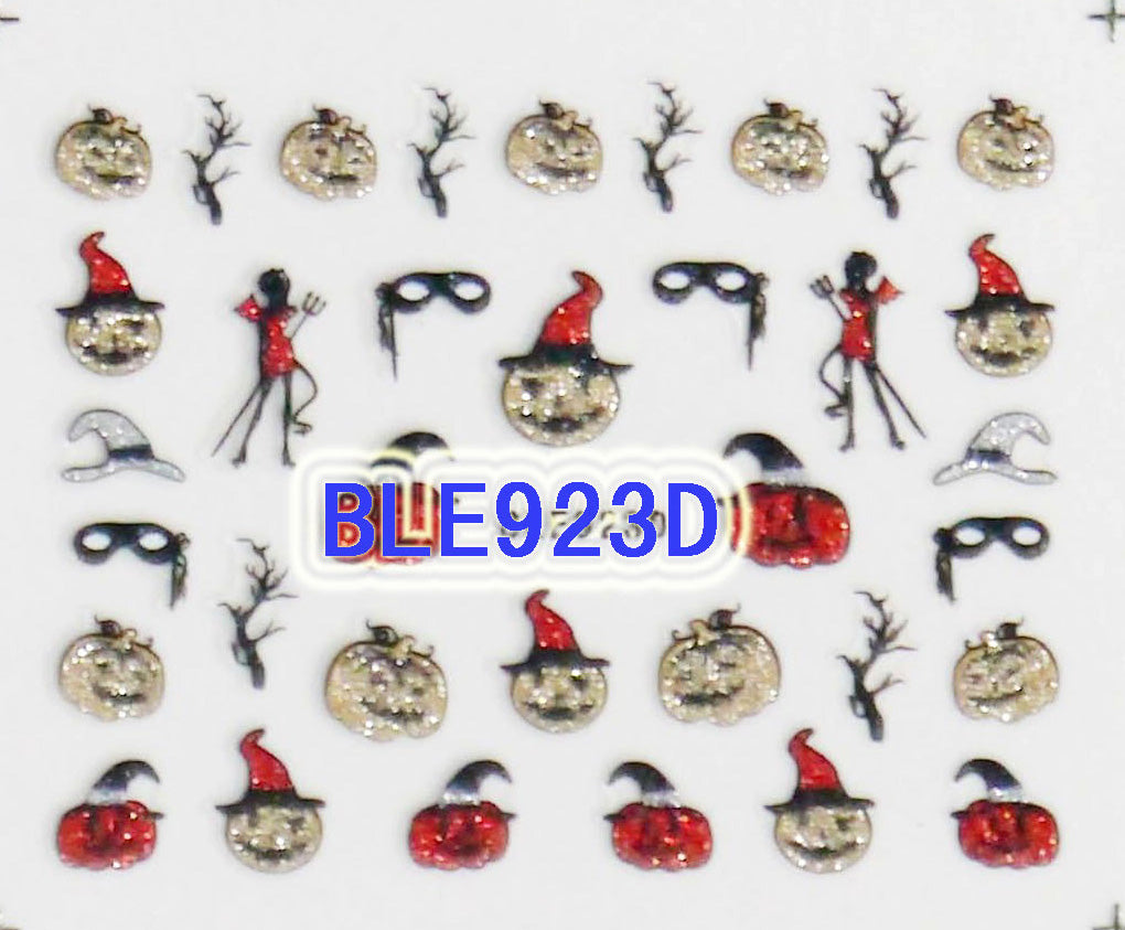 Halloween Gold Glitter Pumpkin Red Devil Tree Branch 3D Nail Art Sticker Decals
