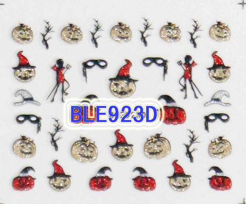 Halloween Gold Glitter Pumpkin Red Devil Tree Branch 3D Nail Art Sticker Decals