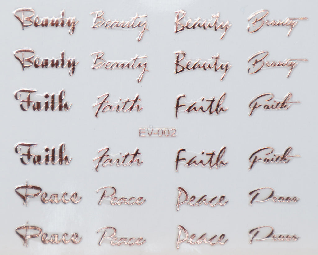 3D "Beauty, Faith, Peace" Metallic Letter Stickers in Gold, Silver, Rose Gold
