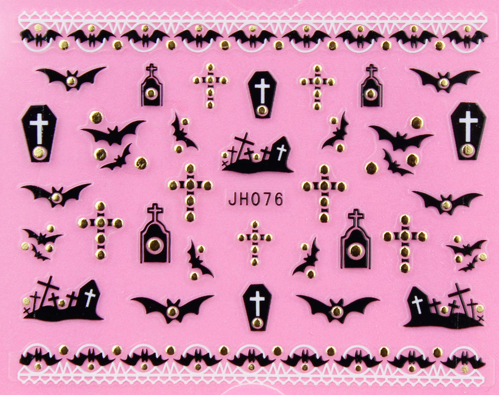 Halloween "Grave, Bat" Gold /  Silver 3D Nail Arts Sticker Decals
