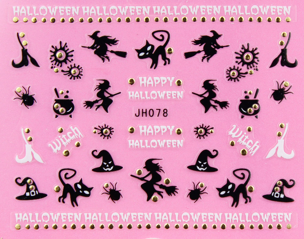 Halloween "Witch, Cat" Gold /  Silver 3D Nail Arts Sticker Decals