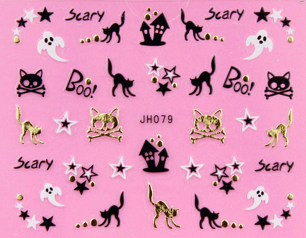Halloween "Ghost, Cat" Gold /  Silver 3D Nail Arts Sticker Decals