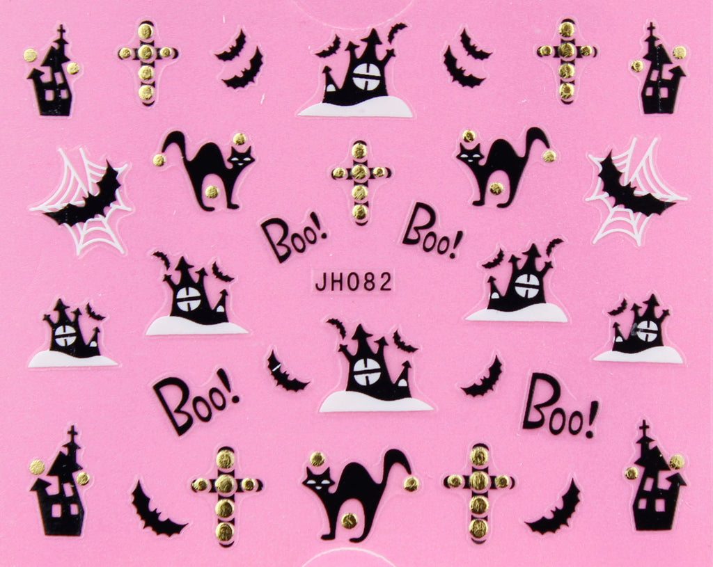 Halloween "Cat, Cross, Bat" Gold /  Silver 3D Nail Arts Sticker Decals