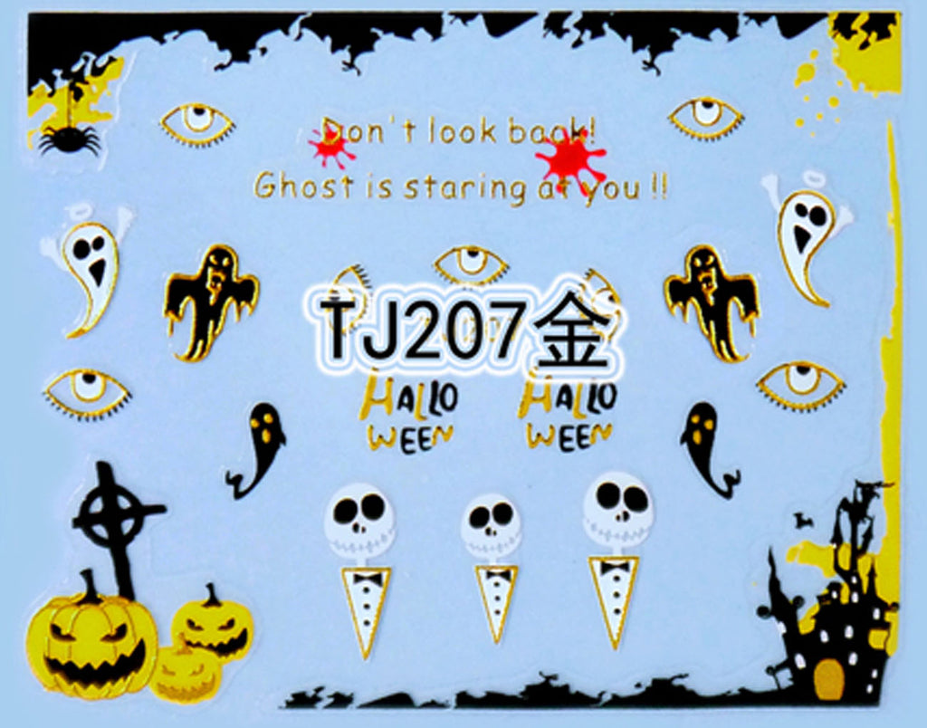 "Eyes and Ghost" Gold /  Silver Colourful Halloween 3D Nail Arts Sticker Decals