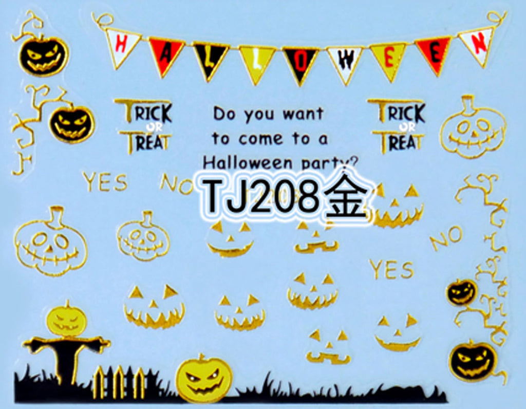 "Pumpkin Trick" Gold /  Silver Colourful Halloween 3D Nail Arts Sticker Decals