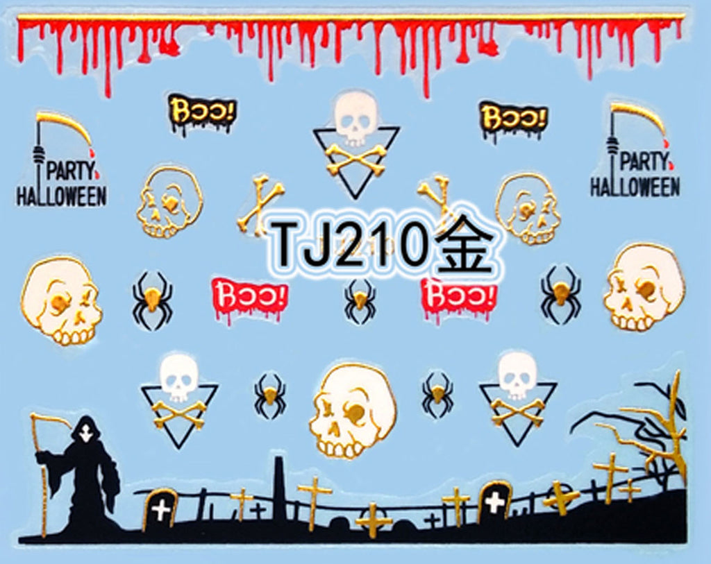"Skull and Spider" Gold /  Silver Colourful Halloween 3D Nail Arts Sticker Decals