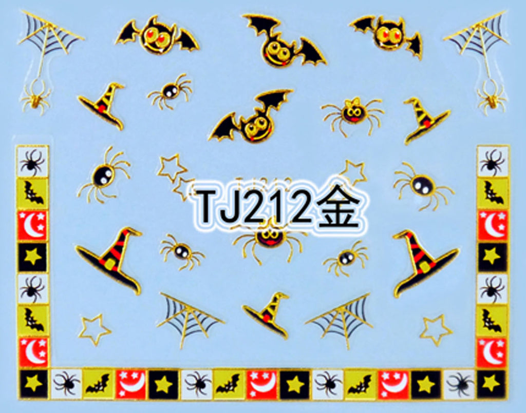 "Cute Bat & Hat" Gold /  Silver Colourful Halloween 3D Nail Arts Sticker Decals