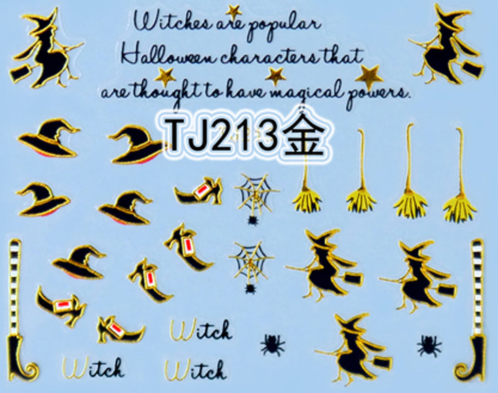 "Witch & Hat" Gold /  Silver Colourful Halloween 3D Nail Arts Sticker Decals