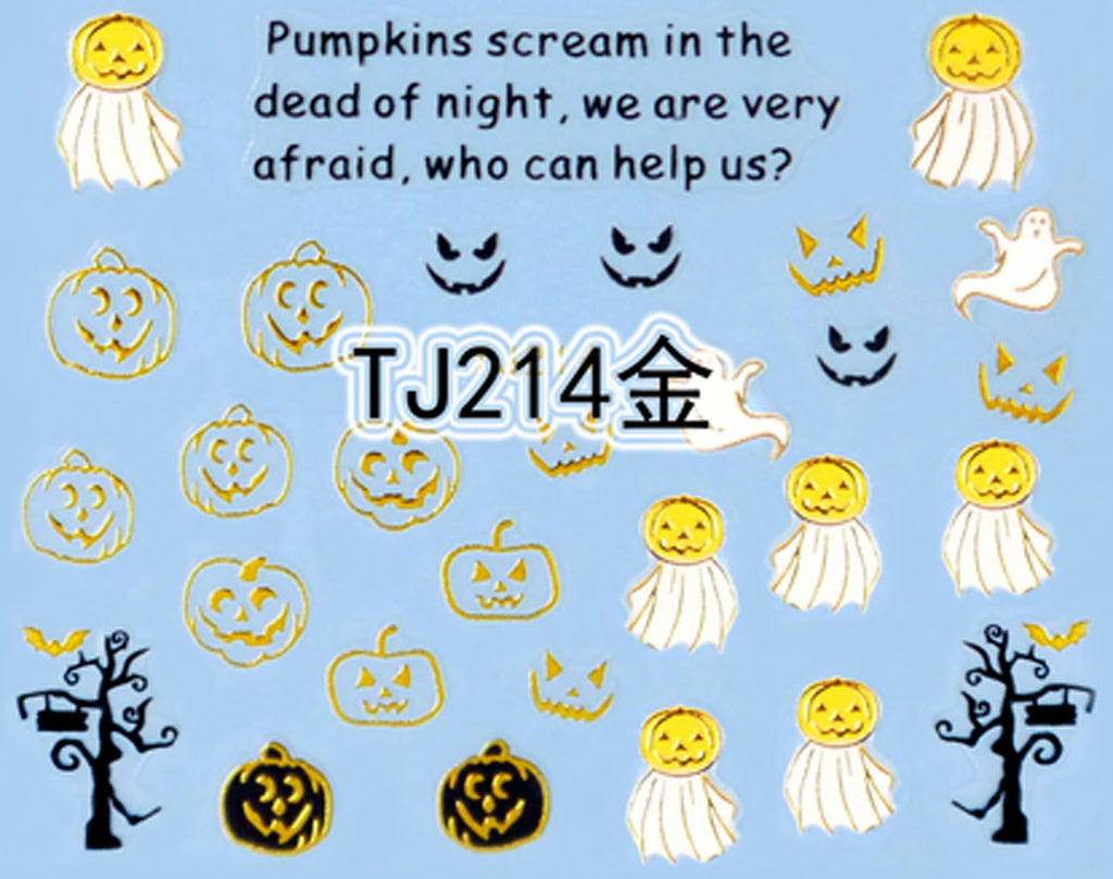 "Pumpkin Ghost" Gold /  Silver Colourful Halloween 3D Nail Arts Sticker Decals