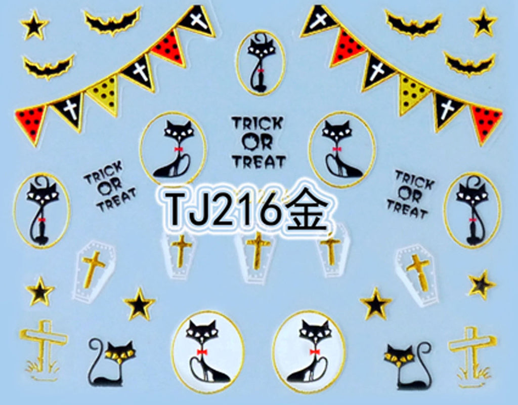 "Cat and Coffin " Gold /  Silver Colourful Halloween 3D Nail Arts Sticker Decals