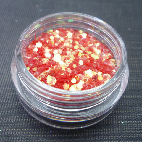 Iridescent Coral Red 1mm hexagon glitter.