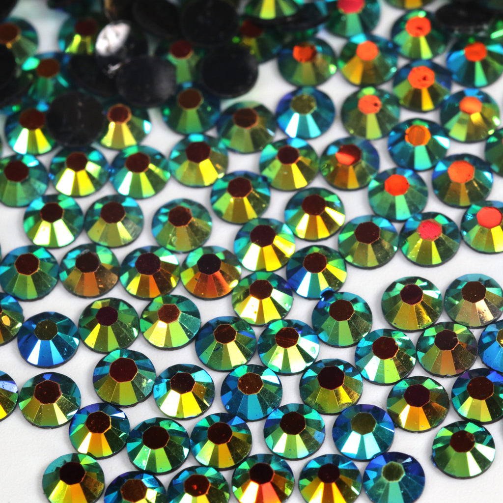 A15 Black Gold Green Flat Back AB Iridescent Rhinestone Face Gems in 2-6mm