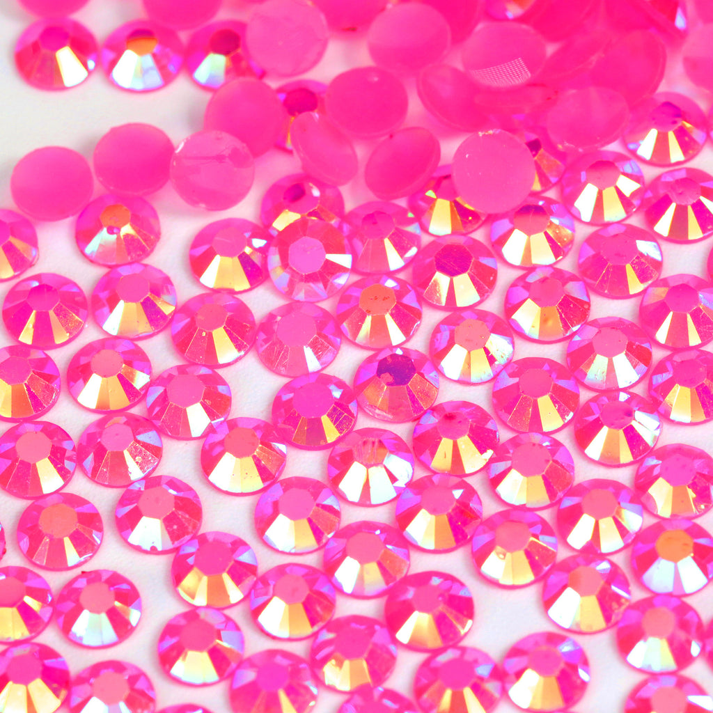 A23 Shocking Pink Flat Back AB Iridescent Rhinestone Face Gems in 2-6mm