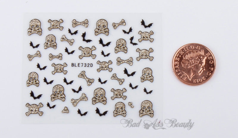 Halloween Gold Glitter Skulls Bones Bats 3D Nail Art Stickers Decals