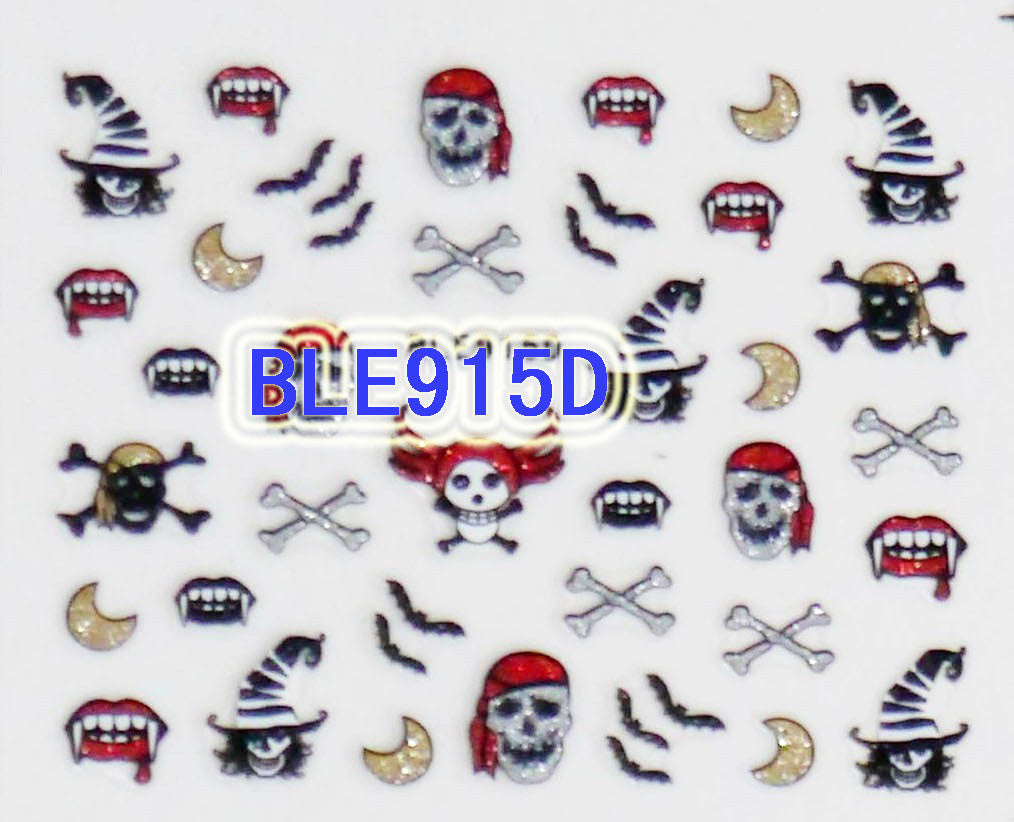 Halloween Glitter Pirate Skulls Bats Vampire Teeth 3D Nail Art Stickers Decals