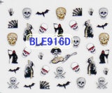 Halloween Glitter Bats Skull Grim Reaper Spider Webs 3D Nail Art Stickers Decals