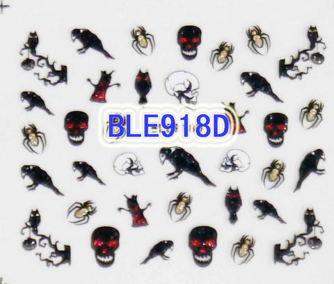 Halloween Glitter Black Crow Gold Spiders B&W Skulls 3D Nail Art Stickers Decals