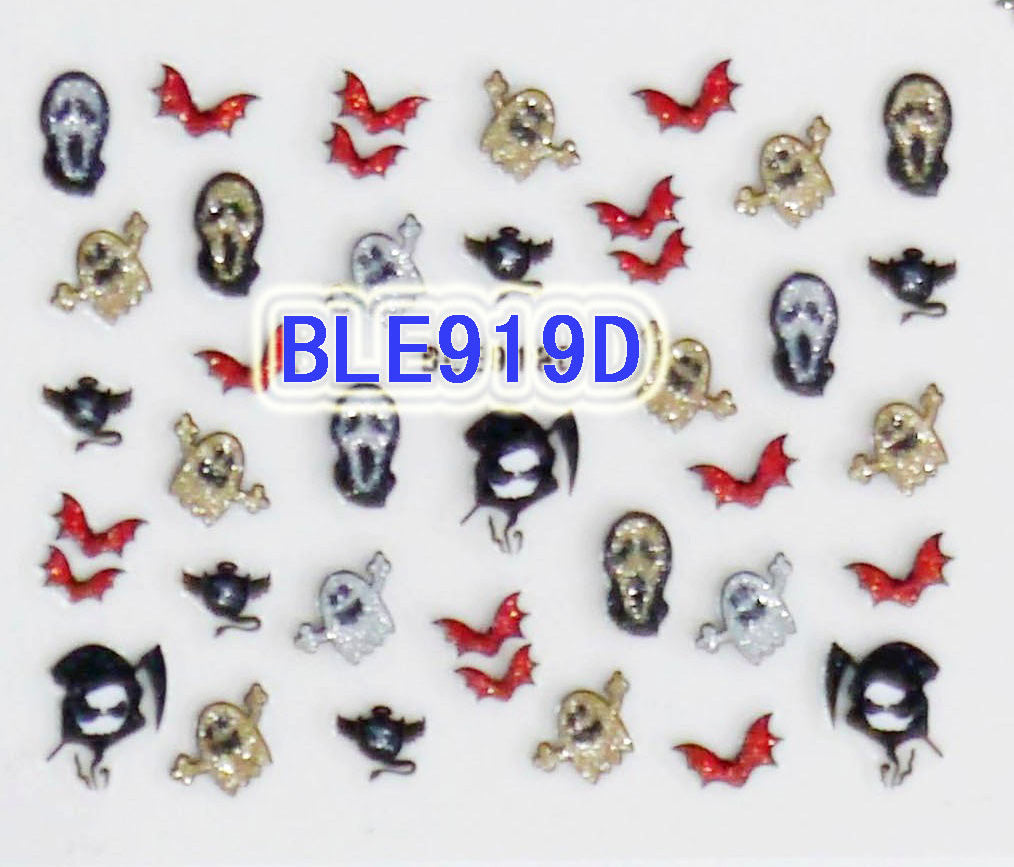 Halloween Glitter Ghost Reaper Scream Mask Red Bat 3D Nail Art Stickers Decals