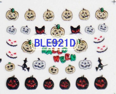 Halloween Gold Silver Black Glitter Pumpkin Witch Cat 3D Nail Art Sticker Decals
