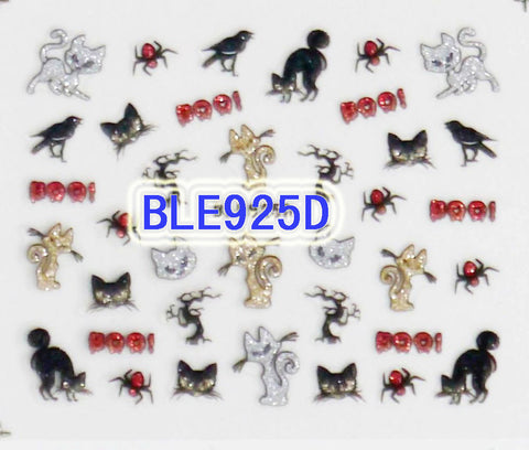 Halloween Glitter Cats Spider Crows Tree Branch BOO! 3D Nail Art Sticker Decals