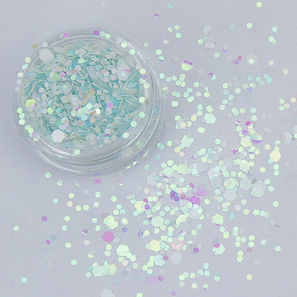 evol sherbet white iridescent intense white chunky face glitter