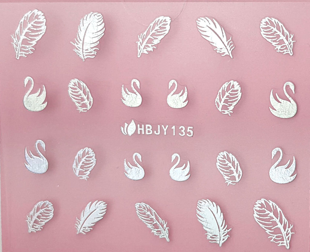 Silver/ Black/ White, Swans Classic Feathers 3D Nail Art Sticker Decals