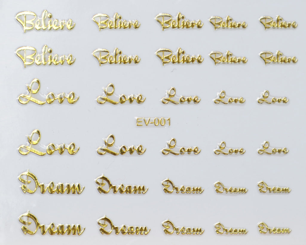 3D "Believe, Love, Dream" Metallic Letter Stickers in Gold, Silver, Rose Gold