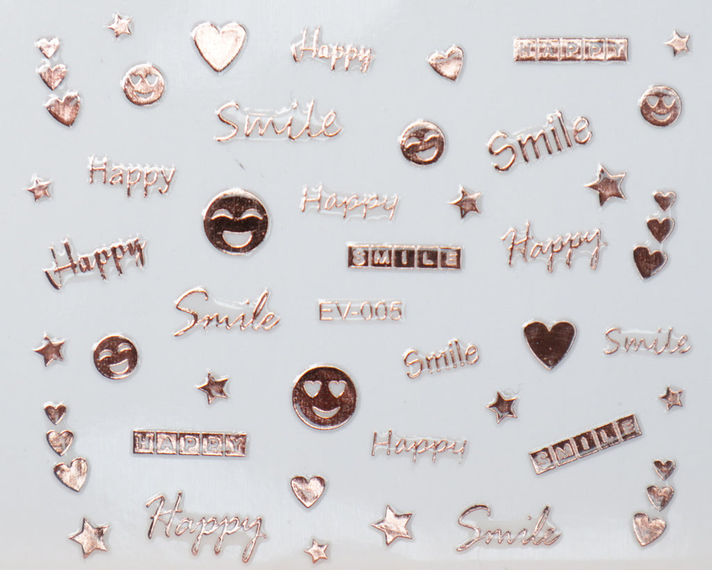 3D "Smile, Happy," Metallic Letter Stickers in Gold, Silver, Rose Gold