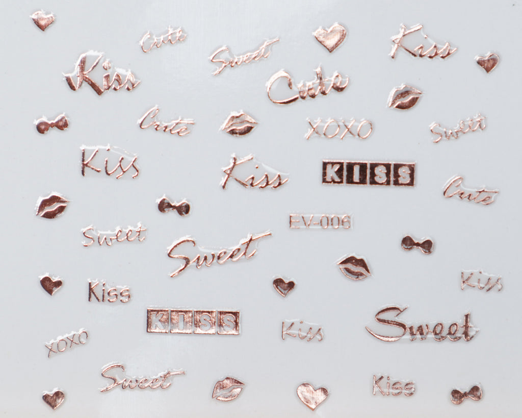 3D "Kiss, Sweet, Cute" Metallic Letter Stickers in Gold, Silver, Rose Gold