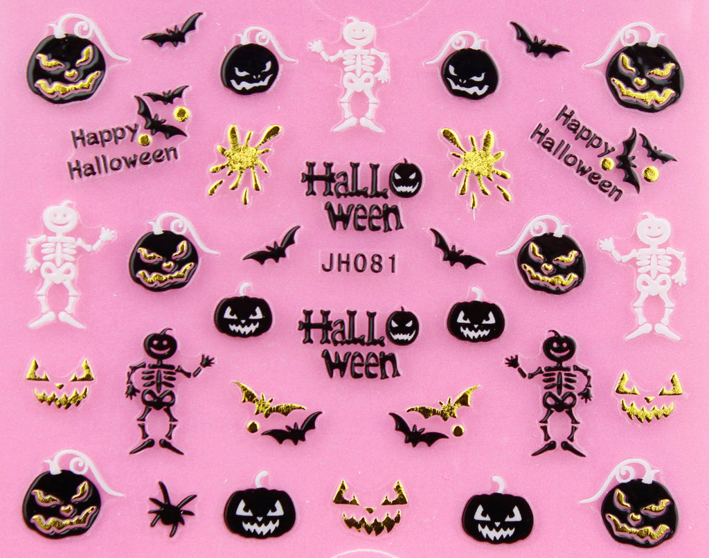 Halloween "Skeleton and Pumpkin" Gold /  Silver 3D Nail Arts Sticker Decals