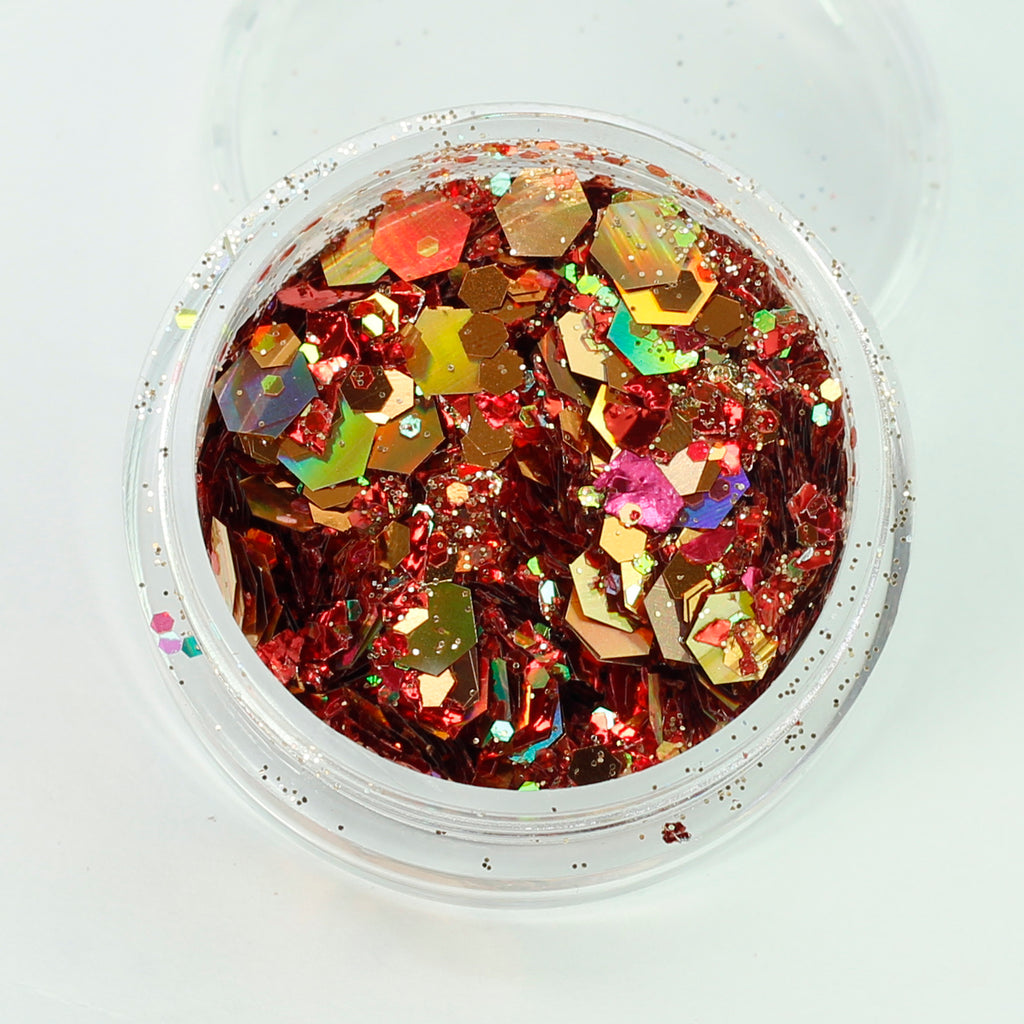 Mixed with Gold Red hexagon and mylar ice glitter mixes.