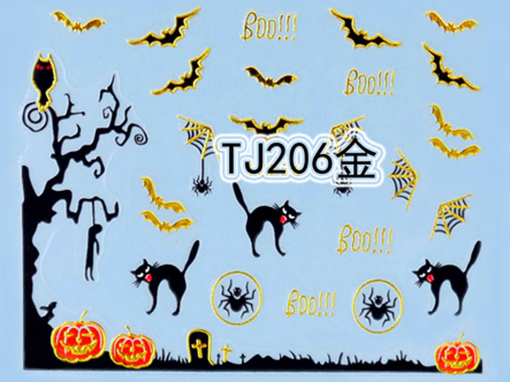"Boo! Spider & Cat" Gold /  Silver Colourful Halloween 3D Nail Arts Sticker Decals