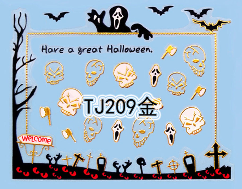 "Skull with Grave" Gold /  Silver Colourful Halloween 3D Nail Arts Sticker Decals