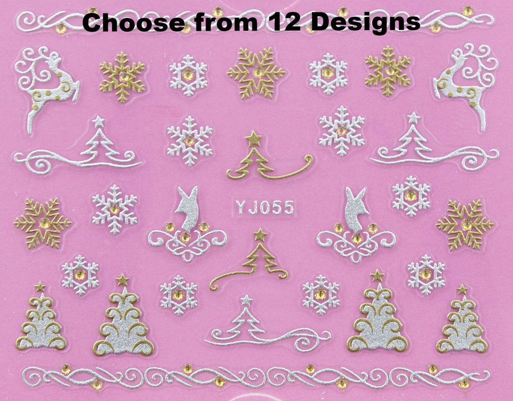 12 different Christmas Satin SILVER & GOLD  Rhinestone 3D Nail Art Stickers