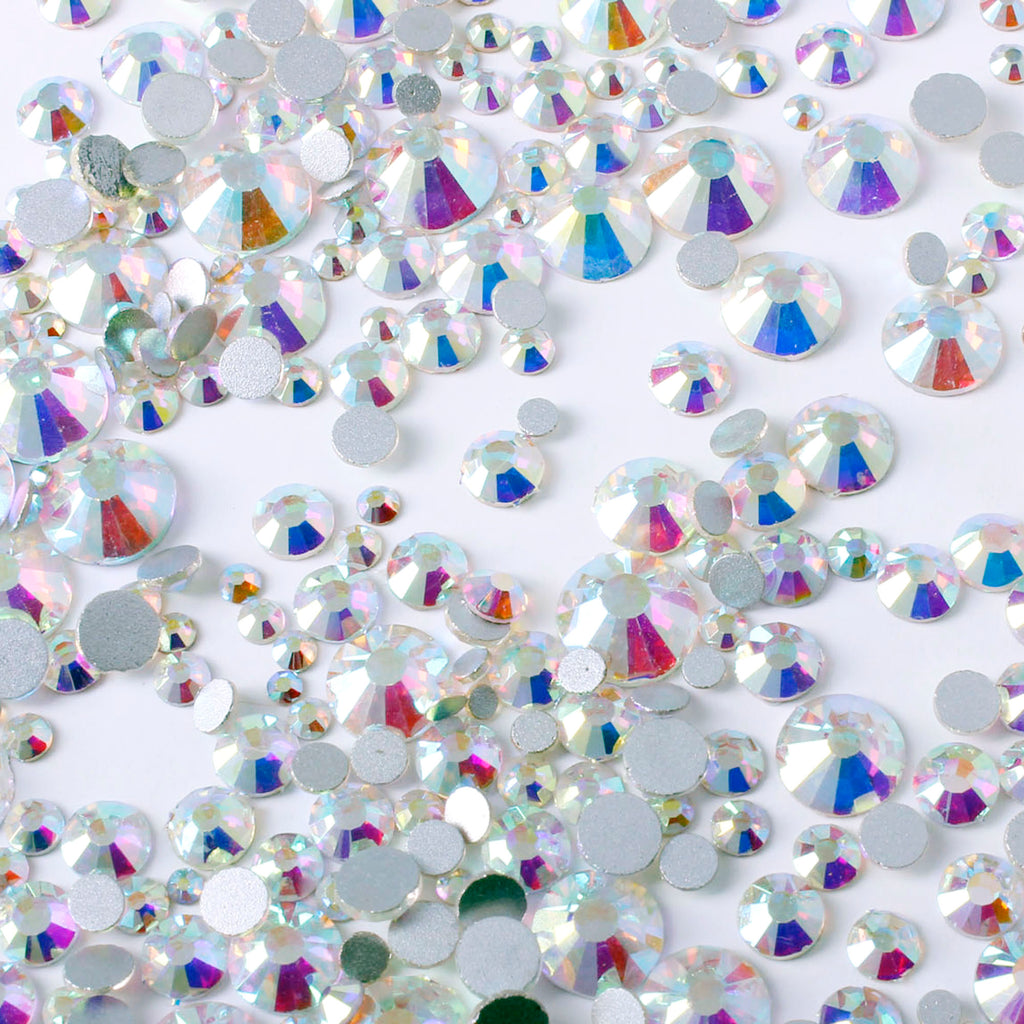 1000pcs Mixed Size 【Iridescent Clear】 Glass Rhinestone Face Gems