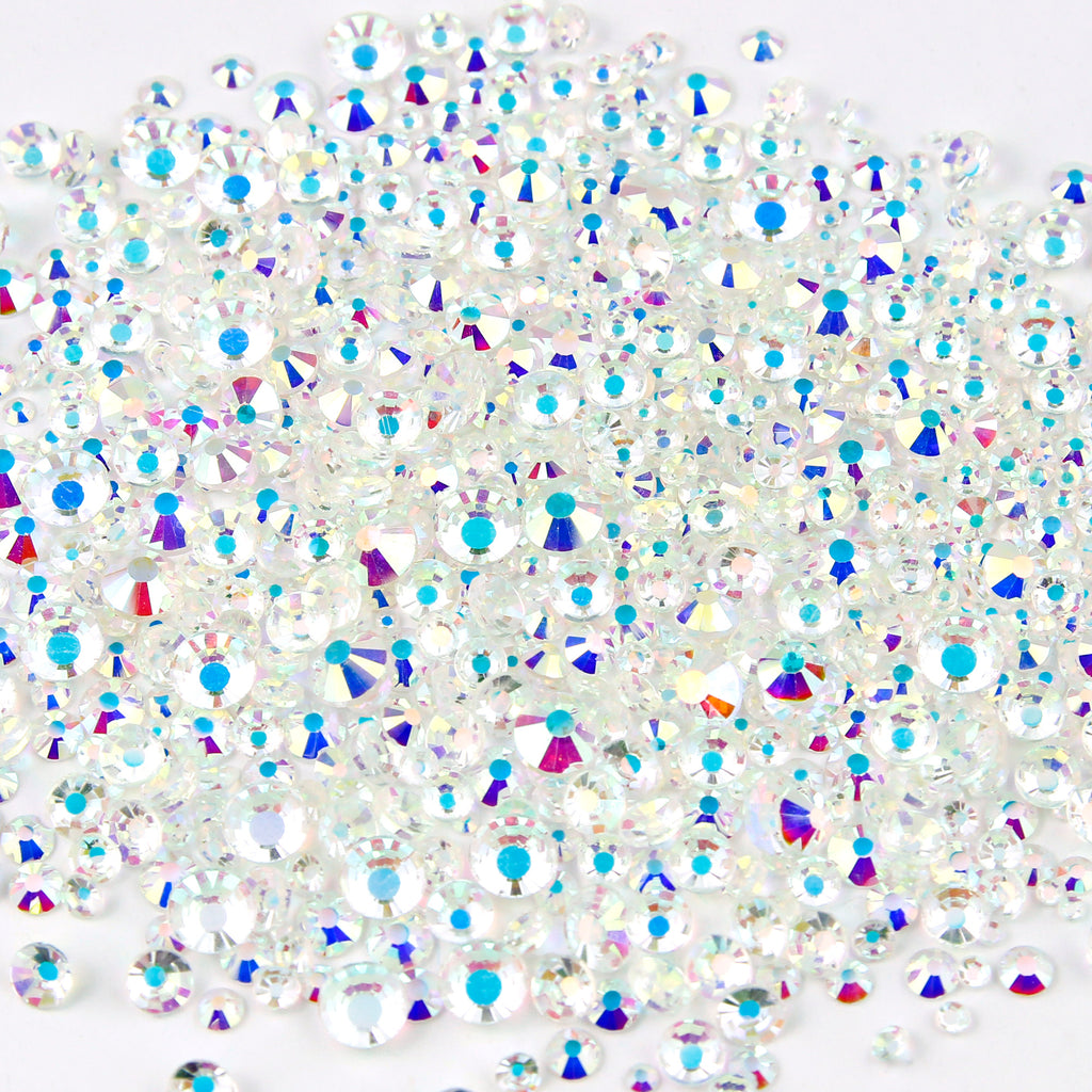 1000pcs Mixed Size 【Iridescent Transparent Clear】Glass Rhinestone Face Gems