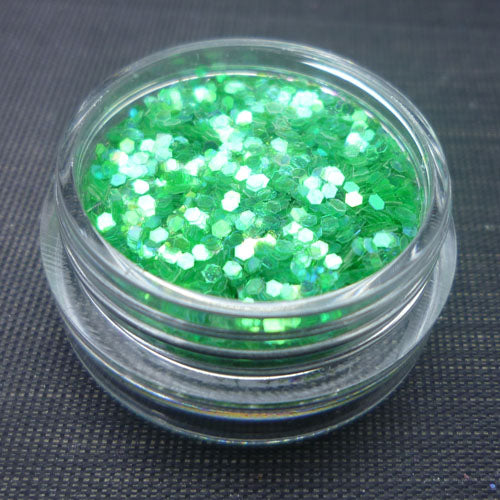 Iridescent Apple Green 1mm hexagon glitter.